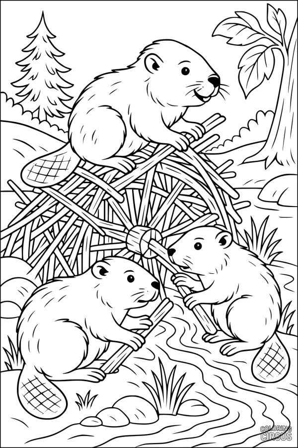 Coloring page of three beavers building a stick lodge by a river in a forest setting