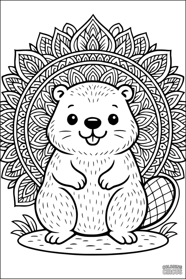 Coloring page featuring a cute cartoon beaver sitting in front of an intricate mandala flower pattern