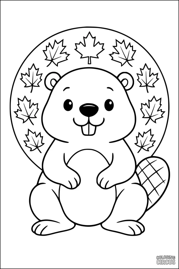 Coloring page showing a cute beaver with maple leaves in a circle