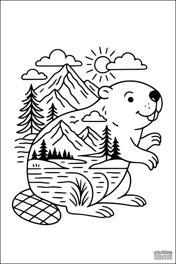 Coloring page of a happy beaver with a mountain lake landscape inside its body, including trees, water, and a sunny sky