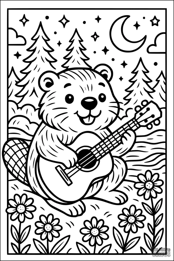 Coloring page featuring a cartoon beaver playing guitar in a nighttime forest scene with stars and flowers