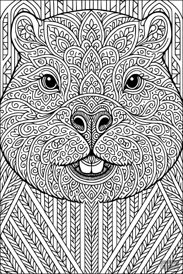 Coloring page featuring an intricately patterned beaver face for advanced kids and adults