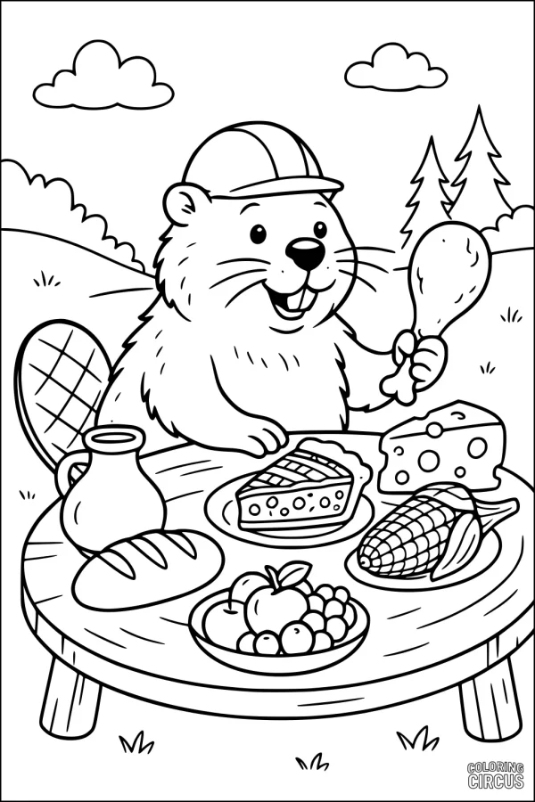 Coloring page of a cute cartoon beaver having a picnic with food on a table outdoors