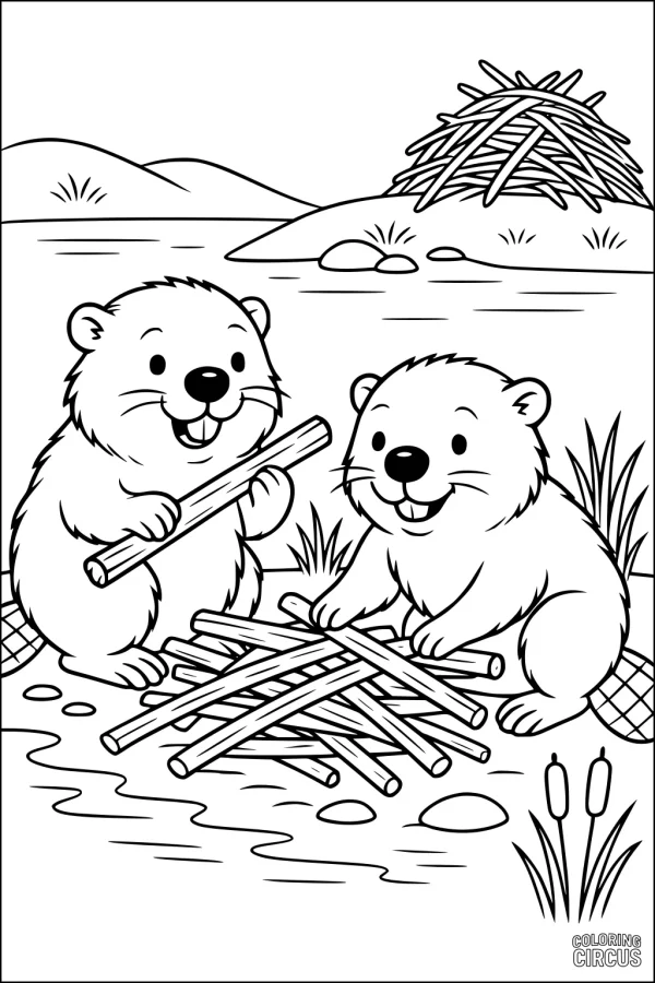 Coloring page with two cartoon beavers building a lodge from sticks by a pond