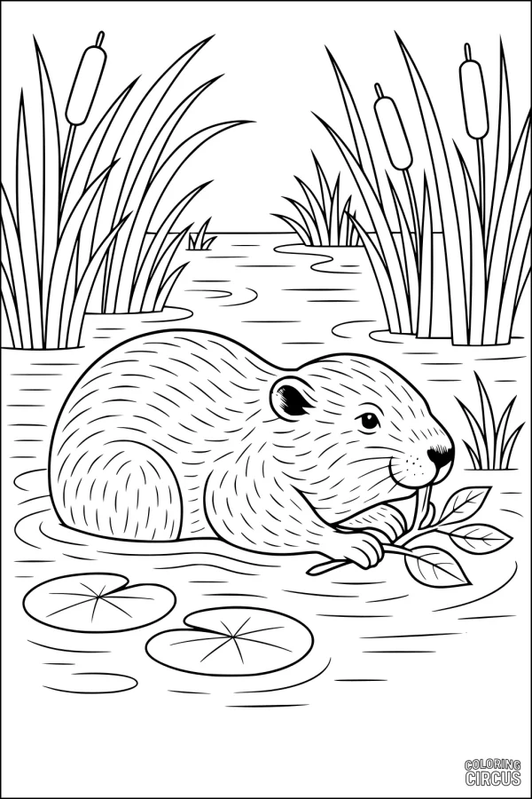 Coloring page showing a beaver sitting in a pond with water plants and reeds