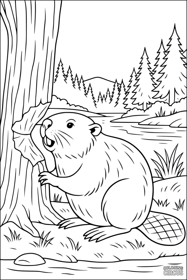 Coloring page showing a beaver chewing a tree trunk beside a river with pine trees and mountains in the background.