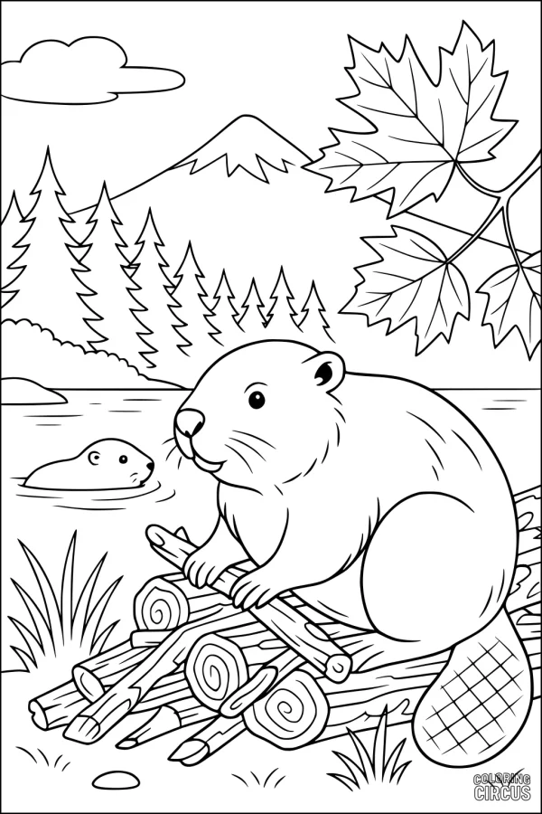 Coloring page featuring beavers building a lodge near a river, with pine trees and mountains in the background