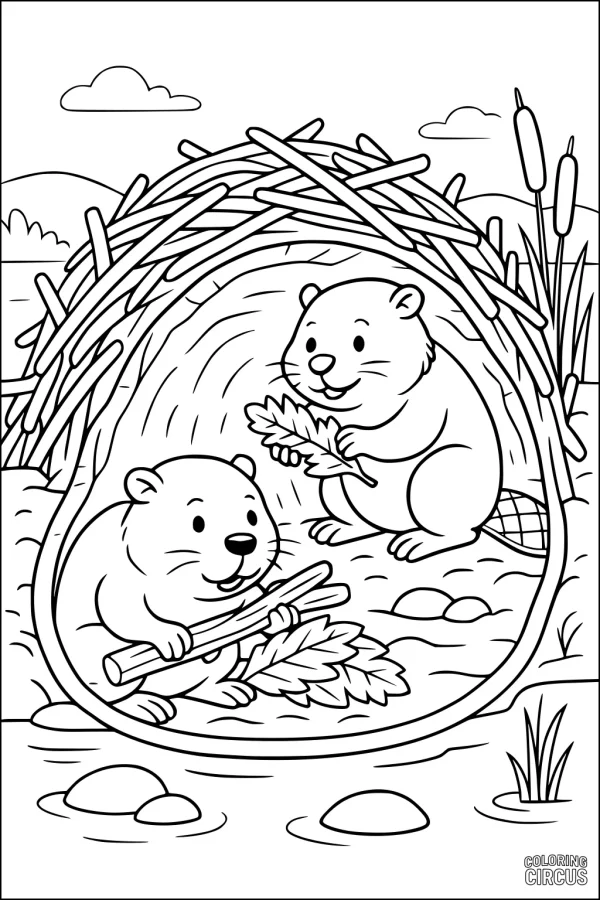 Coloring page with two cartoon beavers inside a stick lodge by a riverbank scene