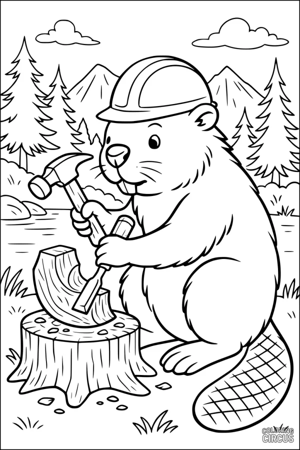 Coloring page of a cartoon beaver wearing a helmet and carving wood by a river in a forested mountain scene