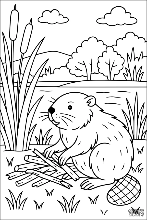 Coloring page of a beaver collecting sticks by a riverbank with trees and plants in the background