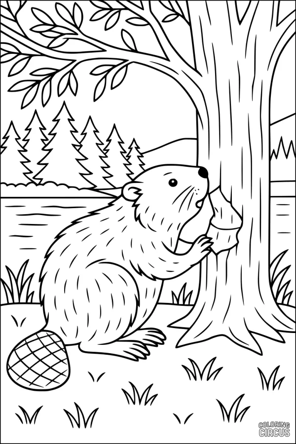 Coloring page featuring a beaver gnawing on a tree by a river with pine trees in the background