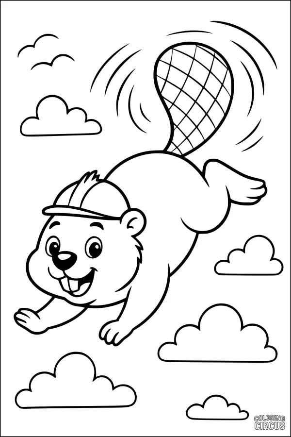 Coloring page of a cartoon beaver with a cap jumping among clouds in the sky
