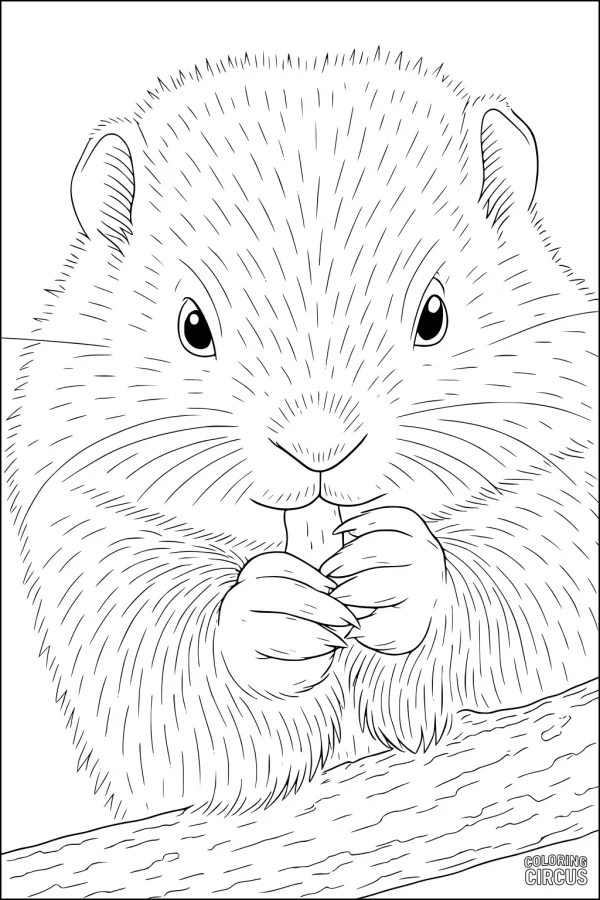 Coloring page showing a cute beaver munching on a stick with detailed fur details and a tree branch