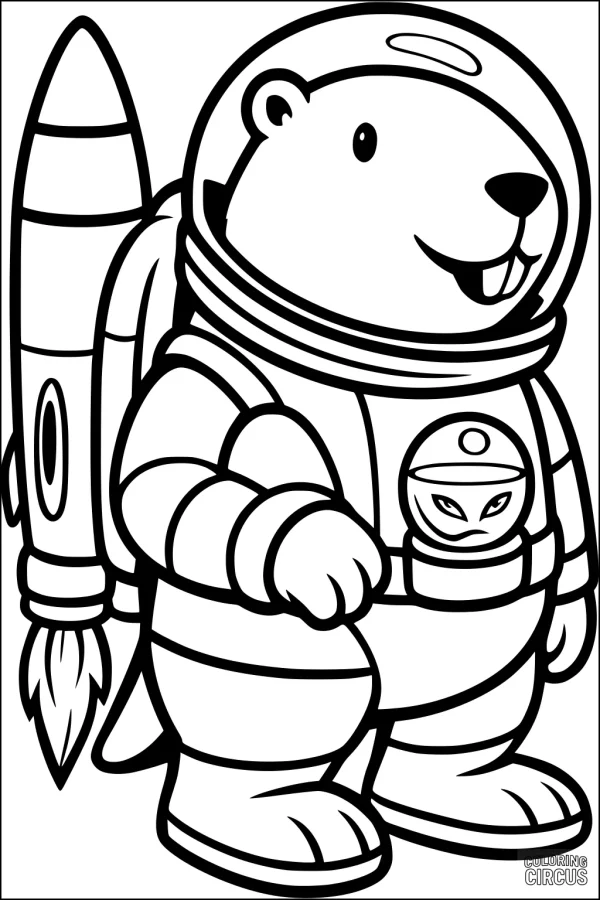 Coloring page of a cartoon beaver in a space suit with a jetpack and a tiny alien friend