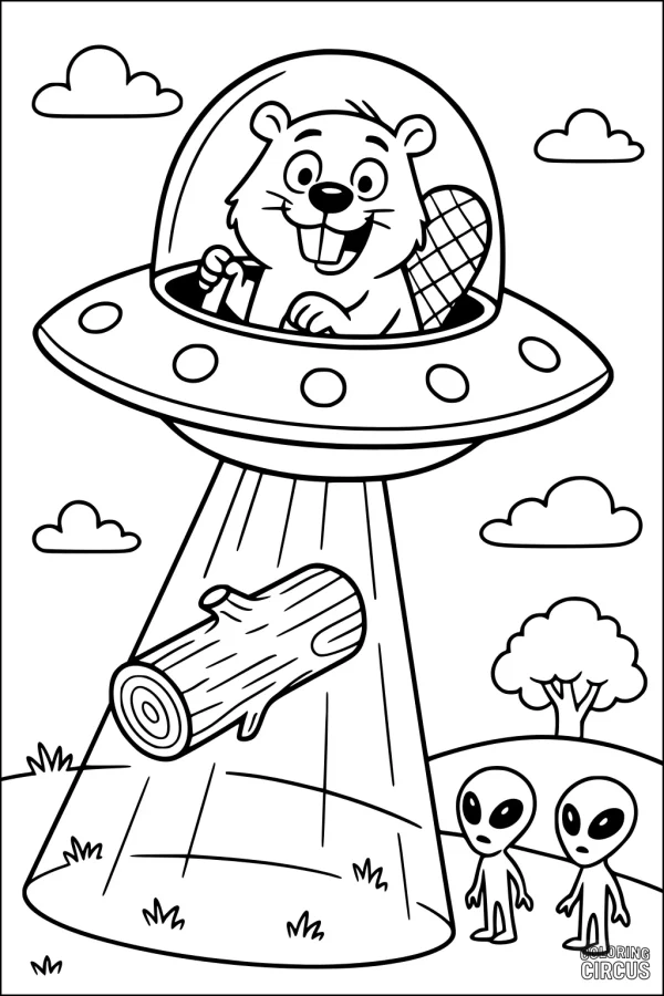 Coloring page featuring a cartoon beaver in a spaceship lifting a log with aliens watching