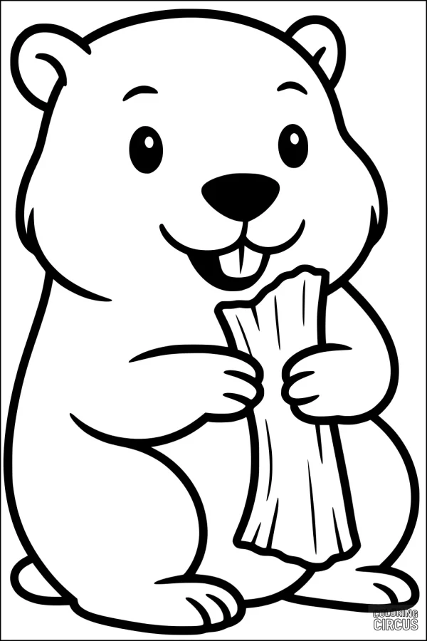 Coloring page of a cartoon beaver holding a stick, smiling with big teeth and simple sections for coloring