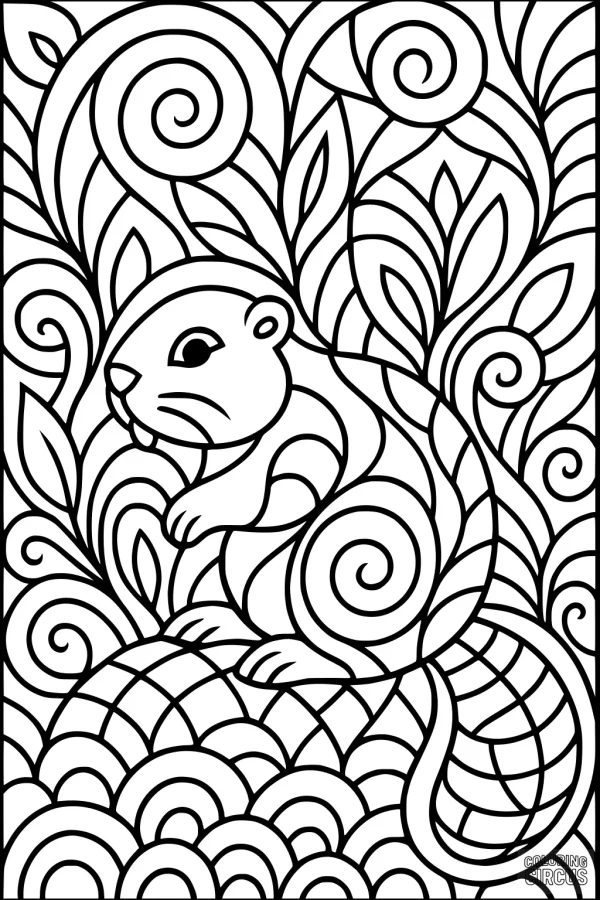 Coloring page of a beaver surrounded by swirling, intricate leaves and patterns