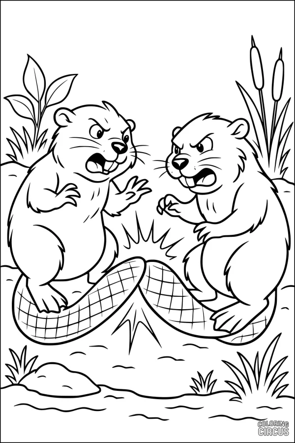 Coloring page with two animated beavers by a pond, slapping their tails in water, surrounded by plants.