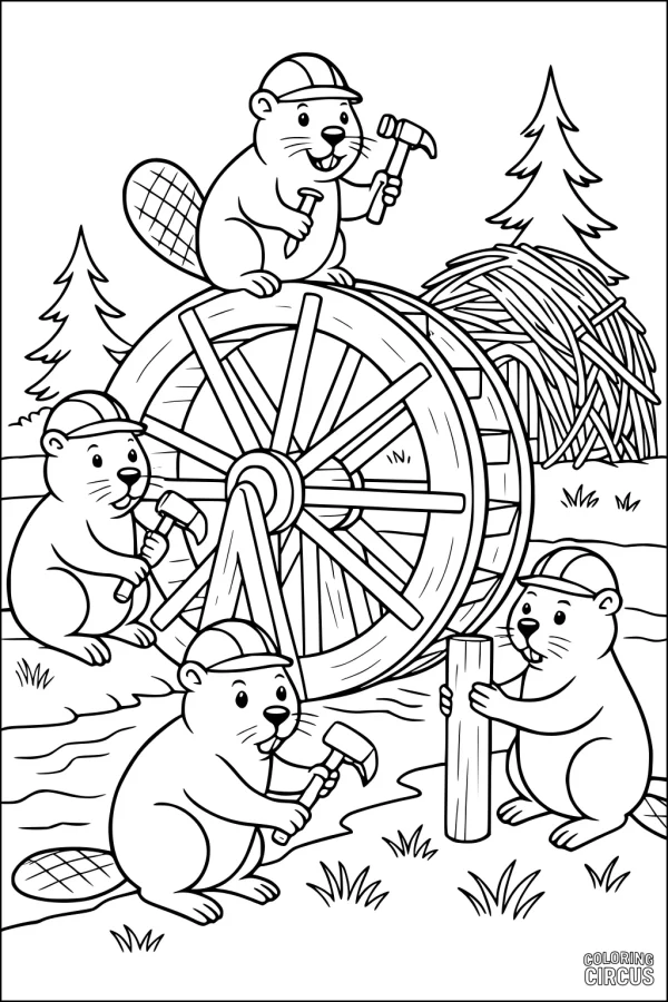 Coloring page with four cartoon beavers building a wooden water wheel wearing hats, with a beaver lodge and trees in the background