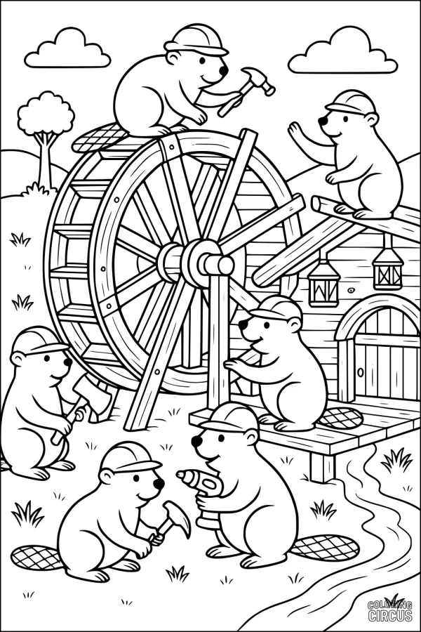 Coloring page featuring cartoon beavers constructing a waterwheel and a log house in a forest setting