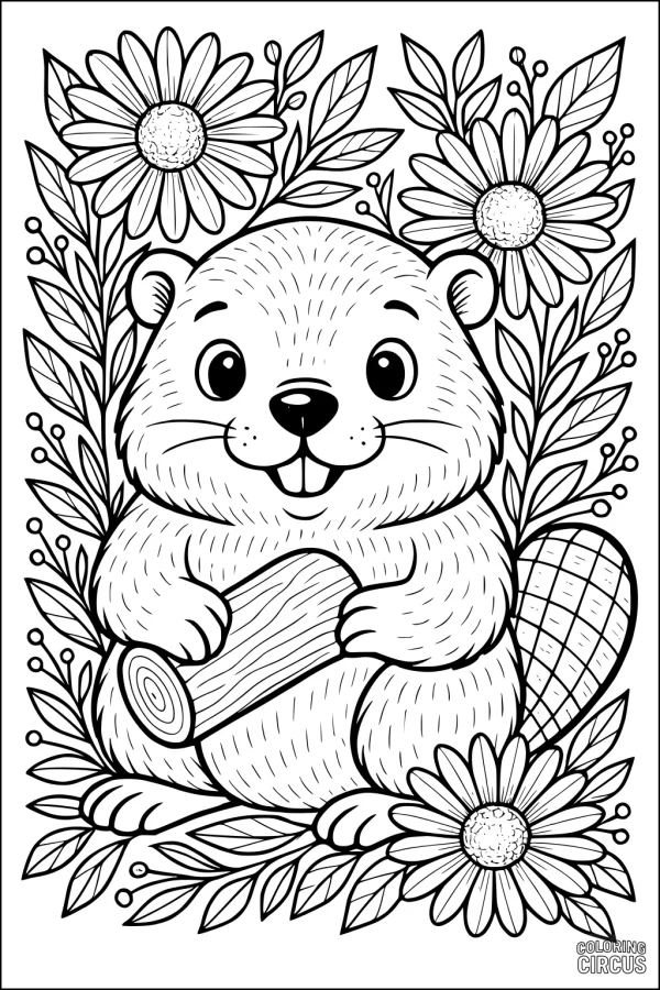 Coloring page of a cute beaver holding a log surrounded by large wildflowers and leaves