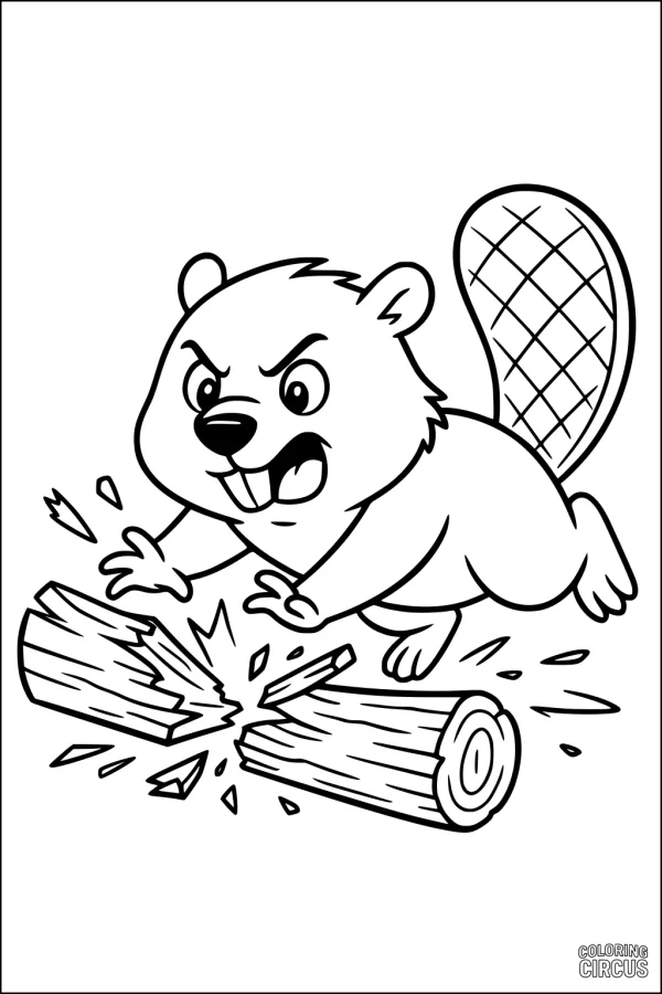 Coloring page featuring a cartoon beaver breaking a log with its teeth, intended for children