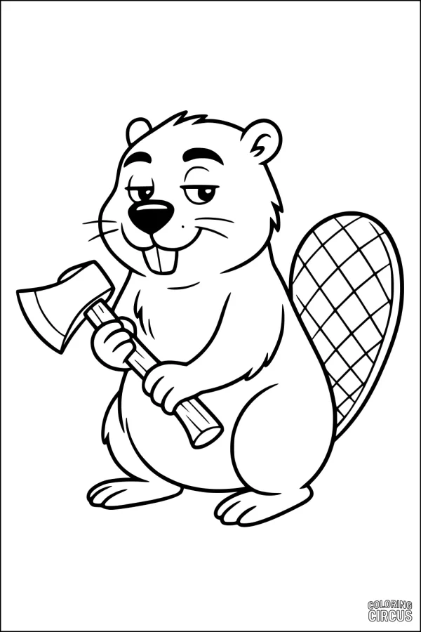 Coloring page beaver cartoon holding ax with large flat tail