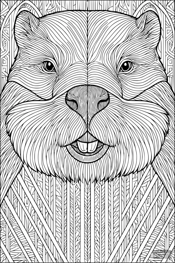 Coloring page featuring a detailed beaver face surrounded by intricate woodland patterns