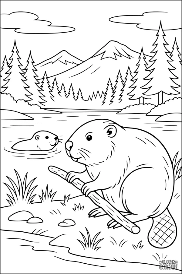 Coloring page of two beavers by a river in a mountain forest