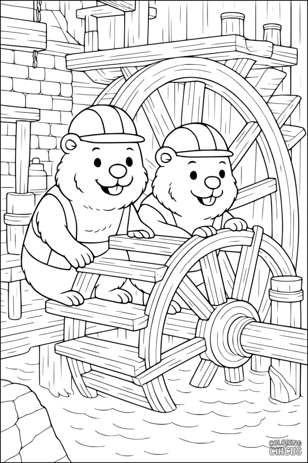 Coloring page showing two cartoon beavers wearing hats, working together on a large wooden waterwheel by a river.