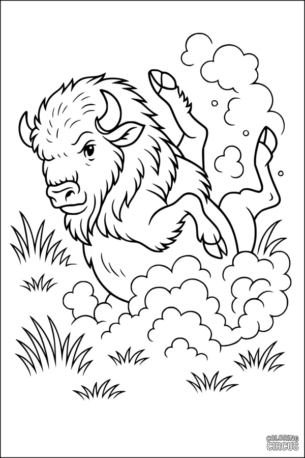 Coloring page of a playful bison running through grass and dust clouds