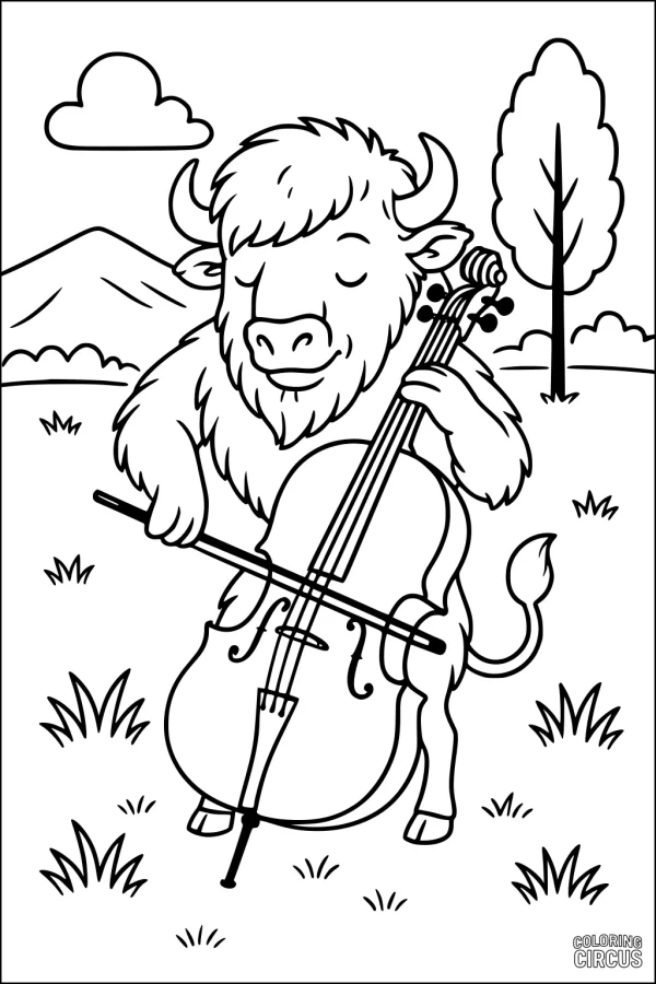 Coloring page of a cartoon bison happily playing a cello outdoors with a mountain and tree in the background