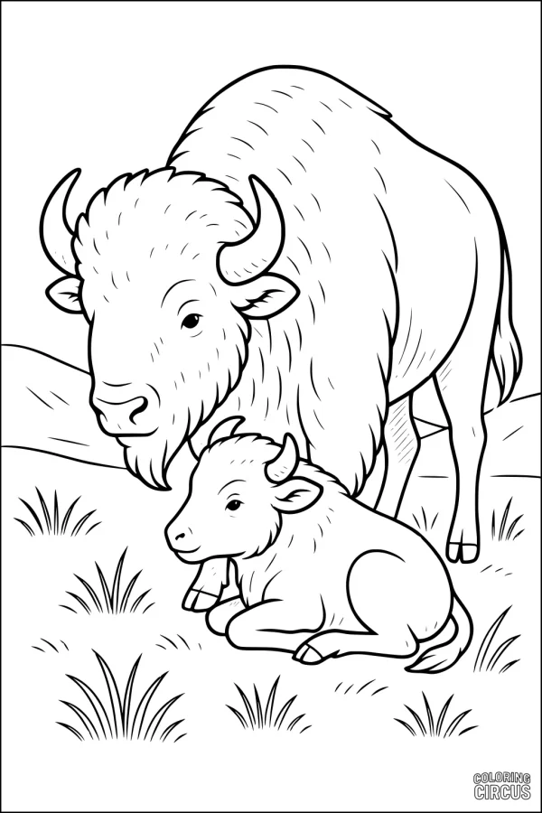 Coloring page featuring a bison parent and calf resting together in grassy plains