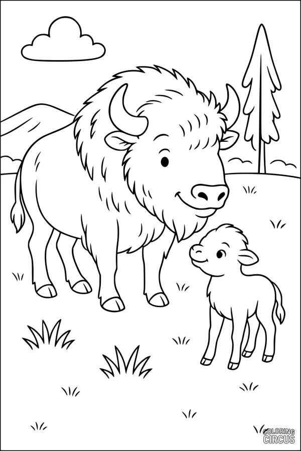 Coloring page showing a cute bison and calf standing together on a grassy prairie with mountains and a tree in the background.