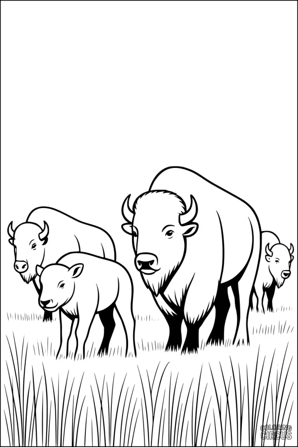 Coloring page of a bison family with calves standing in tall prairie grass