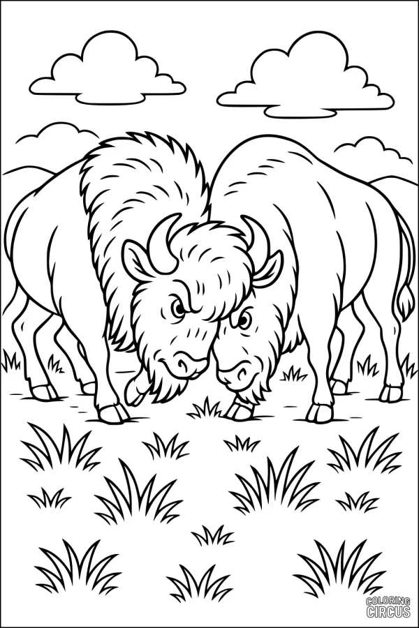 Coloring page with two bison butting heads, grassy field, cartoon clouds