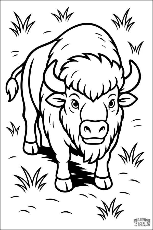 Coloring page of a cartoon bison walking on grass in a prairie scene, suitable for young children
