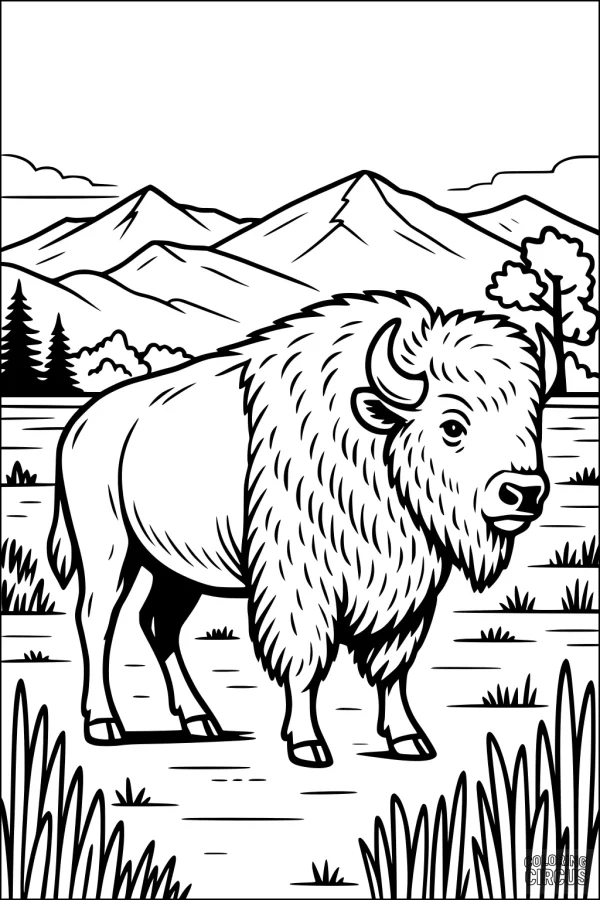 Coloring page of a bison standing in a grassy meadow with mountains and trees in the background