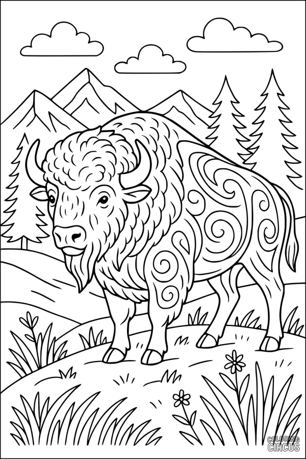 Coloring page featuring a bison with decorative swirls, standing in a grassy mountain landscape with pine trees and clouds.