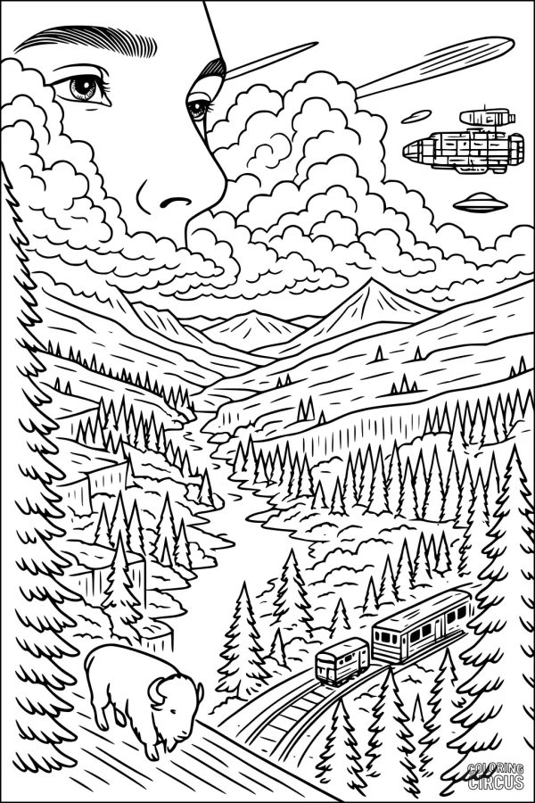 Coloring page of a bison in a mountain valley with trains, pine trees, mountains, a giant face in clouds, and flying spaceships.