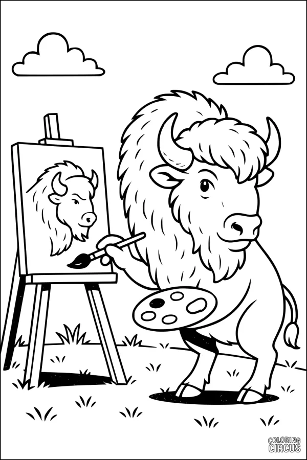 Coloring page showing a cartoon bison painting itself on a canvas outdoors.