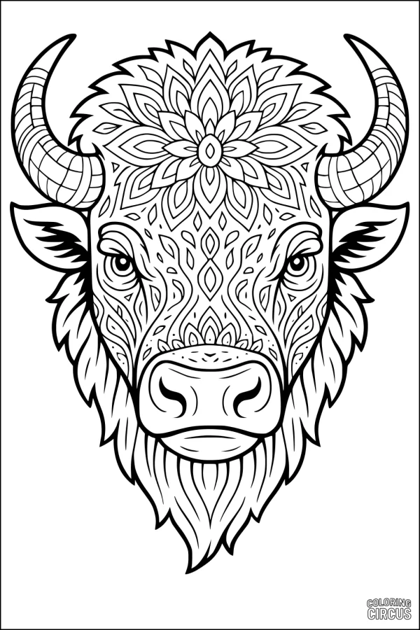 Coloring page with a detailed bison face featuring mandala patterns and intricate designs