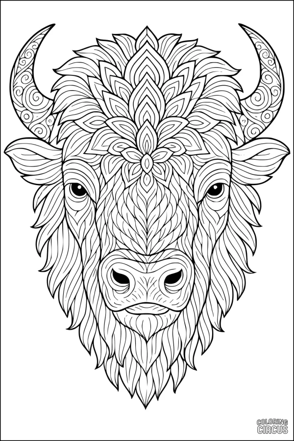 Coloring page featuring a detailed bison head with intricate mandala patterns for older kids and adults