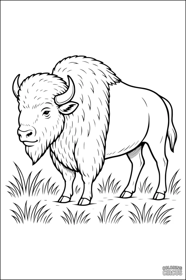 Coloring page of a bison standing on grassy plains, suitable for children