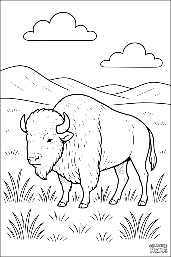 Coloring page of a bison standing on grassy plains with hills and clouds in the background