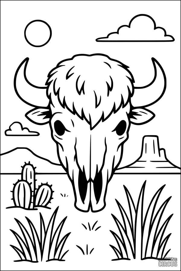 Coloring page featuring a bison skull in a desert with sun, cacti, grasses and mesas in the background