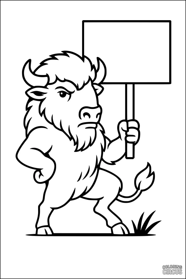 Coloring page of a cartoon bison holding a blank sign