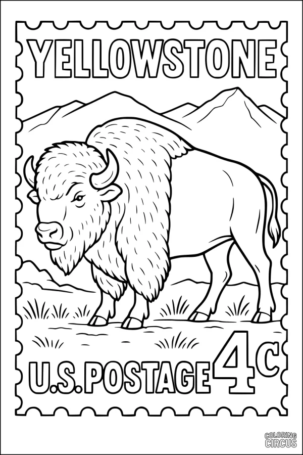 Coloring page featuring a bison on a Yellowstone stamp with mountains in the background