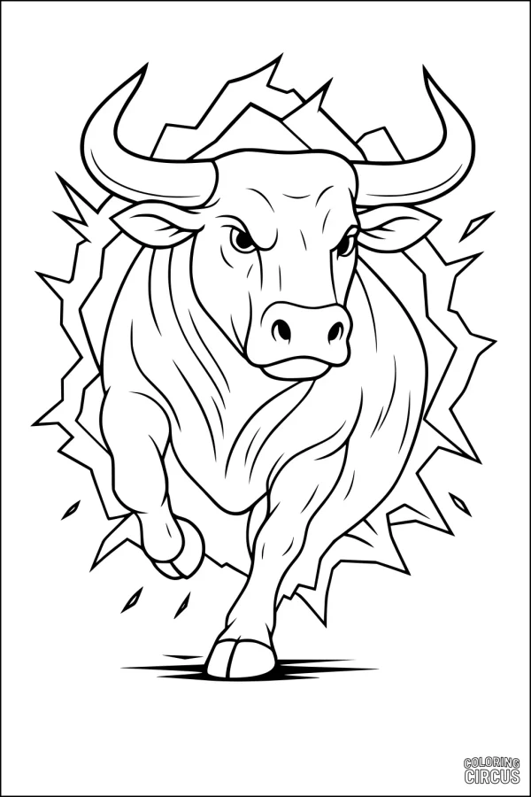 Coloring page with a strong bull charging energetically through a cracked background, showcasing movement and excitement.