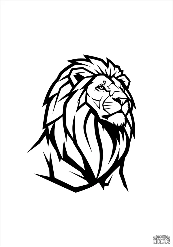 Coloring page showing a stylized regal lion with a geometric mane, suitable for older children and teens.